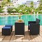 Outdoor Patio Dining Set PE Rattan Acacia Wood Loveseat Table 2 Ottomans Navy Cushion